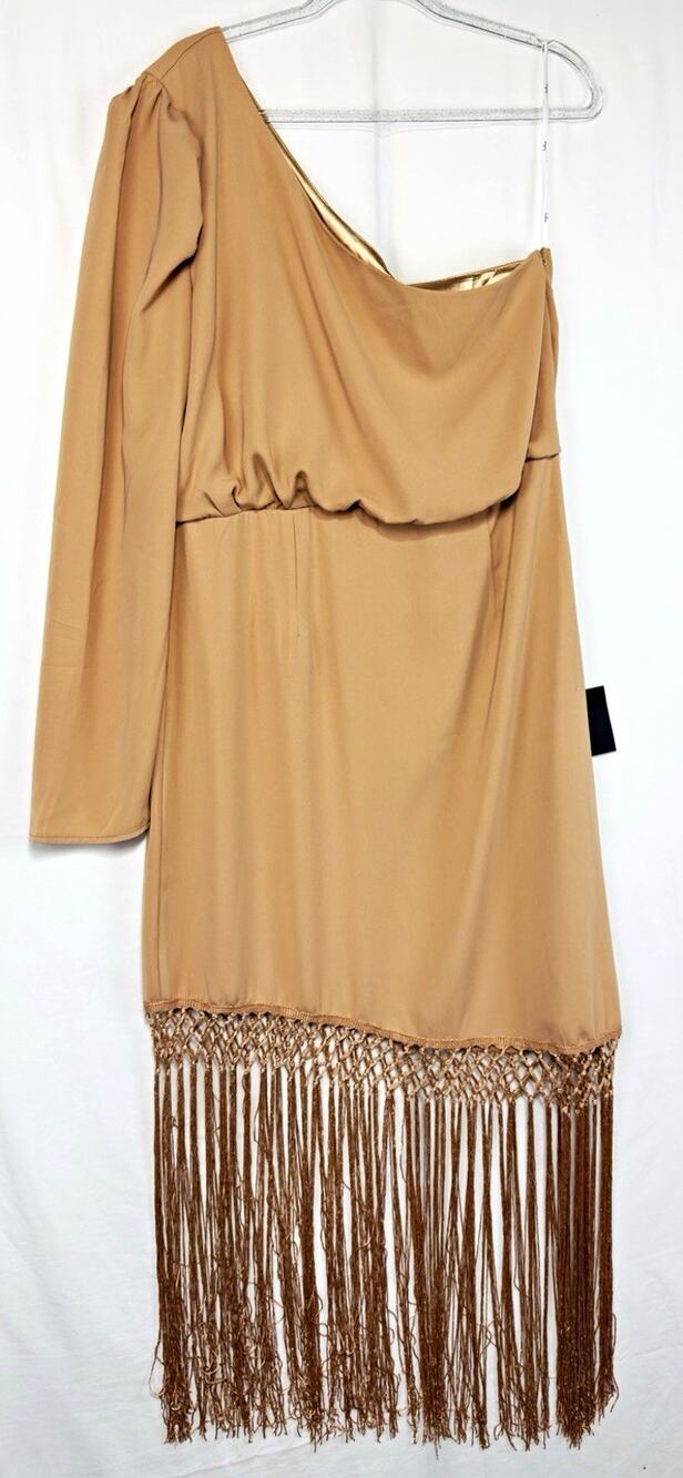 Lulus Love at Dusk Tan One Shoulder Asymmetrical Fringe Midi Dress XL NWT